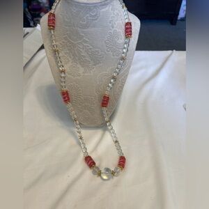 Vintage Venetian Red Orange Color Beads Beaded Handmade Necklace 30” Long